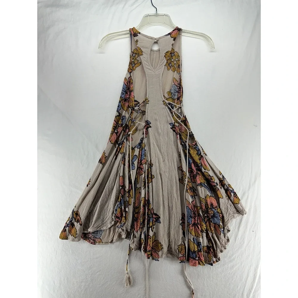 Free People Floral Lace Up Side Mini Dress Taupe Boho Sleeveless Size S